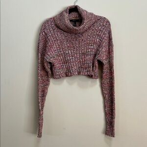 F21 Women's Multicolor Turtleneck Cropped Sweater with Extra Long Sleeves